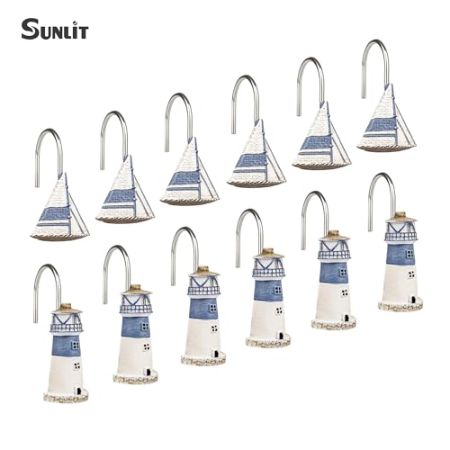 Sunlit Nautical Shower Curtain Hooks, Home Decorative Coastal Shower Curtain Rings for Bathroom, Resin, Ocean Shower Curtain Hanger Hooks for Living Room, Set of 12, Blue Lighthouse Sailboat - size: Sailboat & Lighthouse