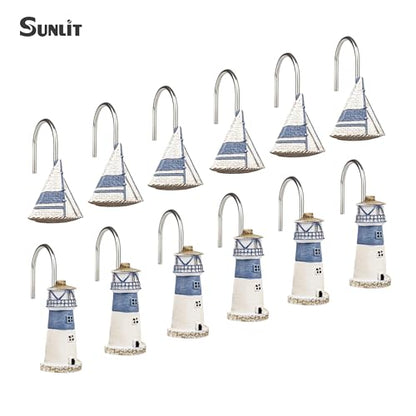 Sunlit Nautical Shower Curtain Hooks, Home Decorative Coastal Shower Curtain Rings for Bathroom, Resin, Ocean Shower Curtain Hanger Hooks for Living Room, Set of 12, Blue Lighthouse Sailboat - size: Sailboat & Lighthouse