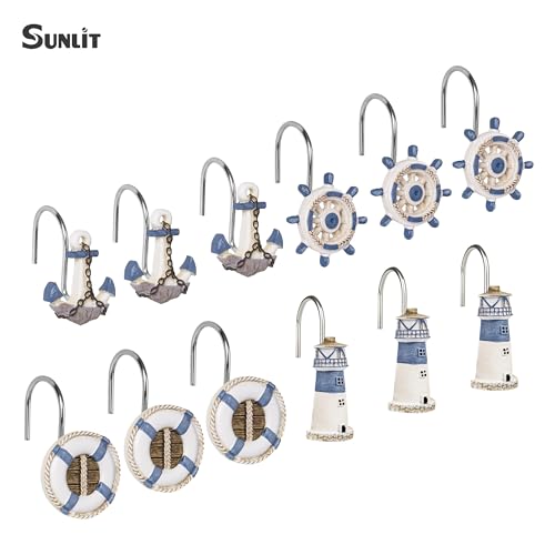 Sunlit Nautical Shower Curtain Hooks, Home Decorative Coastal Shower Curtain Rings for Bathroom, Resin, Ocean Shower Curtain Hanger Hooks for Living Room, Set of 12, Blue Nautical Set - size: Nautical Set