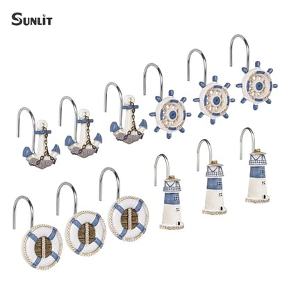 Sunlit Nautical Shower Curtain Hooks, Home Decorative Coastal Shower Curtain Rings for Bathroom, Resin, Ocean Shower Curtain Hanger Hooks for Living Room, Set of 12, Blue Nautical Set - size: Nautical Set