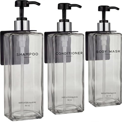 Clear Shampoo and Conditioner Dispenser Set Wall Mounted by Brighter Barns - Refillable Shower Soap Dispensers 3 Chamber No Drill - Plastic Shampoo, Body Wash and Conditioner Bottle for Hotels (Clear) - color: Clear