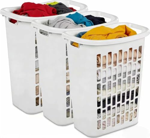 3-Pack 1.8 Bushel Slim Plastic Laundry Hamper W/Reinforced Handles, White | Durable plastic build Open top design for quick toss-in & easy access.in bedroom, bathroom & laundry room.