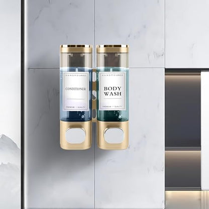 Shampoo and Conditioner Dispenser, 2 Chamber 300ml, Wall Mounted, Gold | Shower Soap Dispenser, Refillable Hand Soap Dispensers, Body Wash Dispenser for Bathroom, Kitchen, Hotel, Home - color: Gold, size: 2 Chamber