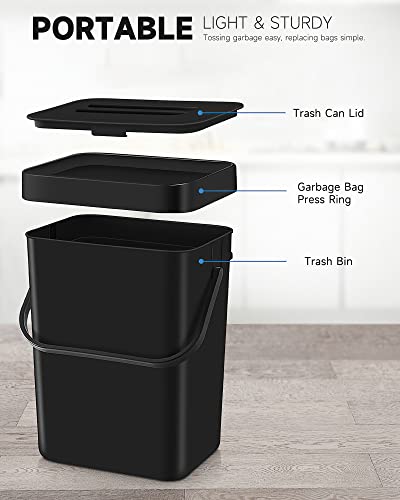 1.3 Gal Kitchen Compost Bin, Hanging Small Trash Can, 5L, Black | With Lid, Hanging, Adhesive Mount, Countertop, for Kitchen Under Sink RV Bathroom Office - color: BLACK, size: 5 L / 1.3 Gal - Lid