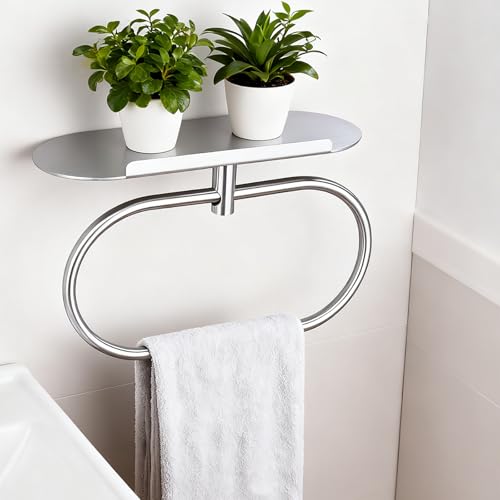 Towel Ring with Shelf Steel Self, Stainless Steel Bath Towel Rings, Self Adhesive Hand Towel Ring for Bathroom, Wall Mounted Towel Hanger for Bathroom Kitchen (Silver) - color: Silver