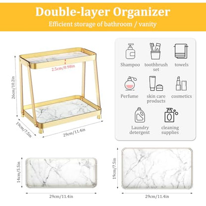 2-Tier Acrylic Bathroom Vanity Organizer, Gold | Bathroom Counter Storage Shelf with Marble-Look Tray, Holds Cosmetics, Perfume, Makeup & Skincare Products - color: Gold