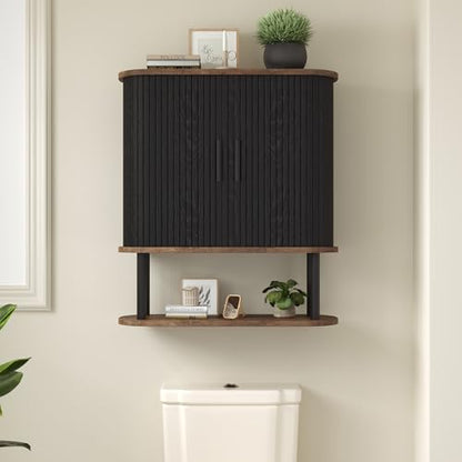 Fluted Bathroom Wall Cabinet, Wall Mounted Medicine Cabinet with Sliding Tambour Door & Adjustable Shelf, 3-Tier Over the Toilet Storage Cabinet for Laundry Room, Kitchen, Black - color: Black