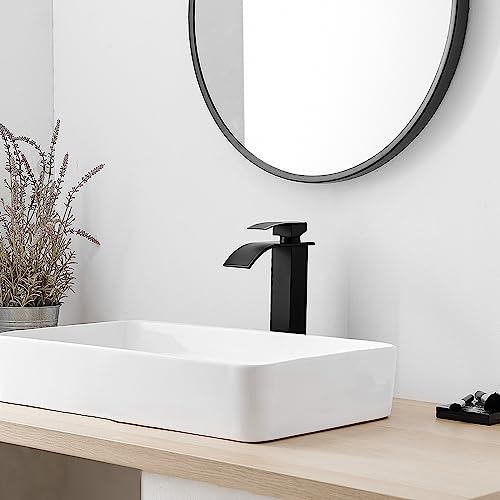 RUMOSE Tall Bathroom Faucet Vessel Sink Faucet with Drain, Matte Black | Modern Single Handle One Hole Bathroom Faucet Waterfall Rv Lavatory Vanity Faucet Mixer Tap, Pop Up Drain, Stainless Steel - color: Matte Black