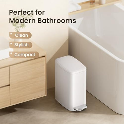 Cesun Slim Bathroom Trash Can with Lid, Soft Close, White, 6L/1.6 Gallon | Hidden Trash Bag Design, Small, Stainless Steel, Removable Inner Bucket, Foot Pedal, Odor Control, for RV/Office/Bedroom - color: White