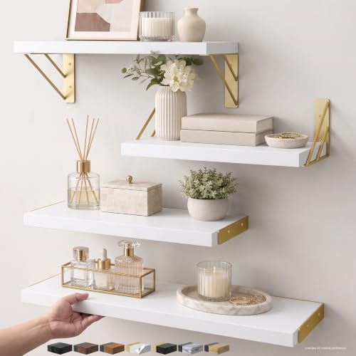 BAYKA Wall Shelves for Bedroom Decor, Floating Wall Shelf for Living Room Kitchen Storage, Mounted Rustic Wood Shelves for Kids Books, Christmas Decorations for Room(White and Gold，Set of 4) - color: B. White Board & Gold Brackets, size: 16-inch