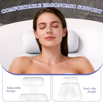 Silicone Bath Pillow, Upgraded Bath Pillows for Tub, Adjustable Height Bathtub Pillow for Head and Neck, 4D Luxury Tub Pillow Skin-Friendly Large Suction Cups Stability, Spa Relaxation-White