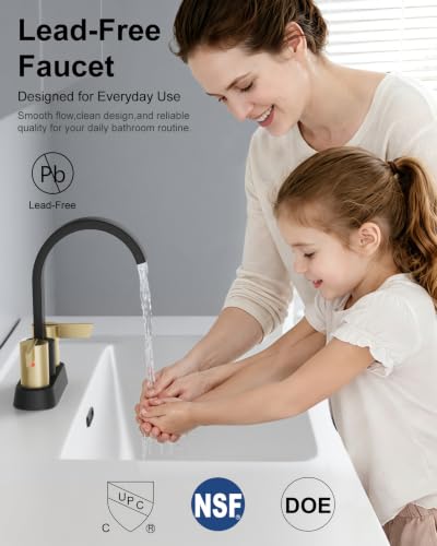 Black and Gold Bathroom Faucet,4 Inch Centerset 2-Handle Waterfall | Includes Pop-Up Drain,24-Inch Supply Lines,Mounting Hardware,SUS304 Stainless Steel Construction,And A 360° Swivel Spout - color: Black and Gold