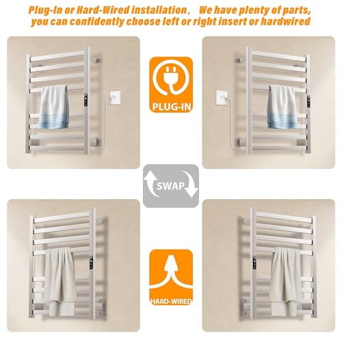 Towel Warmer Brushed Wall Mounted Heated Towel Rack | Electric Towel Dryer Rack with Temperature Control and 24 Timer Plug-in/Hardwired,304 stainless steel - color: Brush