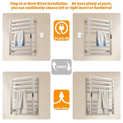 Towel Warmer Brushed Wall Mounted Heated Towel Rack | Electric Towel Dryer Rack with Temperature Control and 24 Timer Plug-in/Hardwired,304 stainless steel - color: Brush