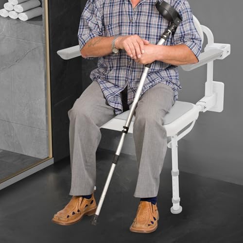 Folding Shower Seat Wall Mounted,18" W Adjustable Height Foldable Shower Chair with Armrests and Backrest Bath Stool Supports 264lbs for Adults Seniors Disabled Home Care