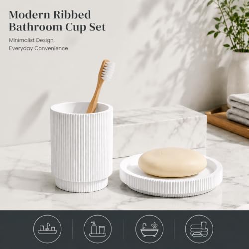 White Ribbed Resin Bathroom Accessory Set,Soap Dispenser,Toothbrush Holder | 4 Pack Bath Counter Decor,Soap Pump Dispenser, Toothbrush Cup,Toilet Brush & Soap Tray,Moisture Resistant Easy Clean Durable