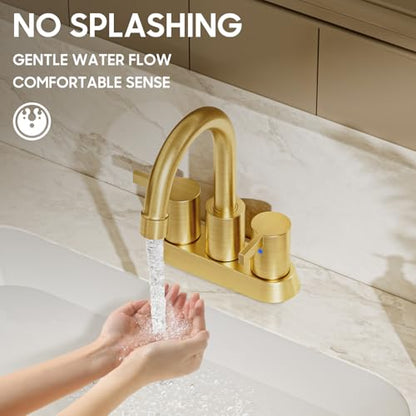Brushed Gold 4 Inch 2 Handle Centerset Lead-Free Bathroom Faucet, Swivel Spout with Copper Pop Up Drain and 2 Water Supply Lines, BF015-1-BG - color: Brushed Gold