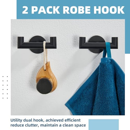 Matte Black Double Towel Hooks for Bathrooms, 2 Pack, Wall Mounted | Rustproof 304 Stainless Steel, Heavy-duty 11lbs Robe Hooks for Towels, Coats, Bags, Shower, Kitchen, Entryway Storage Hook - color: Matte Black