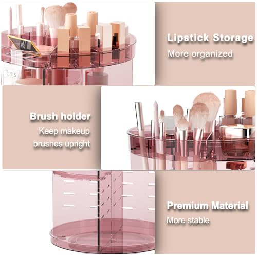 Jiavarry 360 Rotating Makeup Organizer with DIY 8 Adjustable Height, Pink | Lipstick Slots, Spinning Skincare, Brush and Perfume Storage, for Vanity Bathroom Countertop - color: Slot Top Pink