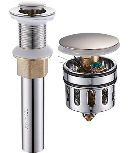 REGALMIX Vessel Sink Drain, Bathroom Faucet Vessel Sink Pop Up Drain Stopper Without Overflow Brushed Nickel, Built-in Anti-Clogging Strainer,Fits Standard American Drain Hole1-1/2 to 1-3/4",R085B-BN - color: Brushed Nickel, size: Without Overflow