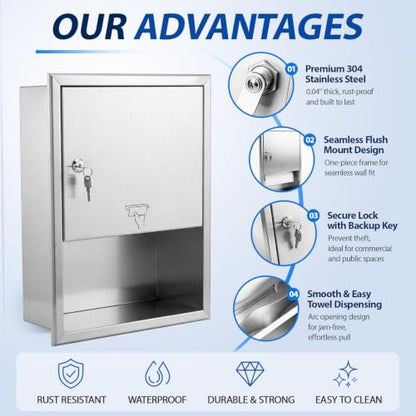 304 Stainless Steel Recessed Paper Towel Dispenser with Lock Commercial | Heavy Duty Wall Mounted Paper Towel Dispenser, Satin Finish, Fits 350 C-fold & 475 Towels for Public Restroom, Office, Hotel