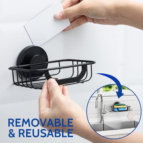 Soap Holder,Soap Dish,Suction Cup,with Hooks,Stainless Steel,Black | bar soap holder,storage soap & sponge for bathroom,shower,kitchen,sink,wall mounted,no drilling removable waterproof - color: Black-1 Tier