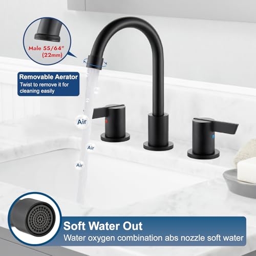 Bathroom Sink Faucet 3 Hole, 8 Inch Widespread, Matte Black | Lead-Free SUS304 Stainless Steel 8-Inch Widespread Bathroom Faucet with Pop-Up Drain & Supply Lines - color: Matte Black