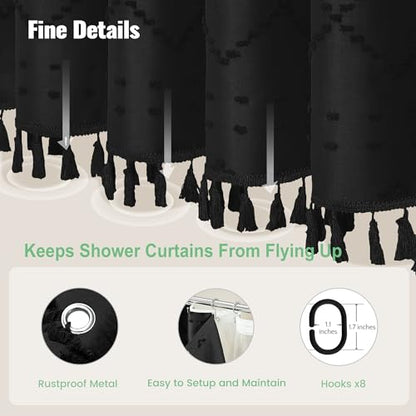 Stall Shower Curtain and Liner Set - 48 inch Wide Boho Shower Curtain and Waterproof Clear Liner, Tufted Geometric Striped Textured Tassel Shower Curtains for Bathroom, 8 Hooks, 48x72, Black - color: Black, size: 48"W x 72"L (Pack of 1)