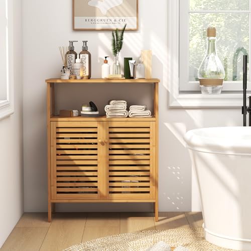 Tangkula Bamboo Floor Cabinet, Bathroom Storage Cabinet with Double Slatted Doors, Open Shelf, Removable Shelf, Storage Organizer for Bathroom Doorway Living Room Kitchen - style: Double Doors