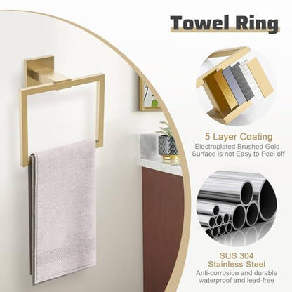 5-Piece Towel Bar Set Brushed Gold Bathroom Hardware Accessories Set Includes Upgraded Double Base Toilet Paper Holder,Modern Square Towel Holder Set Stainless Steel Wall Mount 23.6 Inch - color: 5-pcs Gold