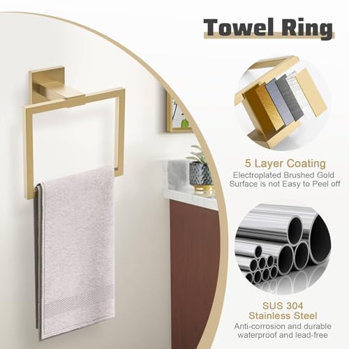 5-Piece Towel Bar Set Brushed Gold Bathroom Hardware Accessories Set Includes Upgraded Double Base Toilet Paper Holder,Modern Square Towel Holder Set Stainless Steel Wall Mount 23.6 Inch - color: 5-pcs Gold