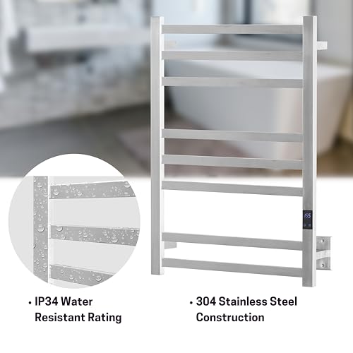 8-Bar Towel Warmer Rack, Brushed Stainless Steel | Brushed 304 stainless steel, 115-155°F temp control, 1-24H auto shut-off timer, plug-in or hardwired install - color: Brushed