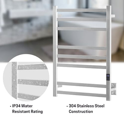 8-Bar Towel Warmer Rack, Brushed Stainless Steel | Brushed 304 stainless steel, 115-155°F temp control, 1-24H auto shut-off timer, plug-in or hardwired install - color: Brushed