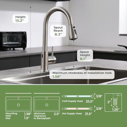 VFAUOSIT Touchless Kitchen Faucet with Pull Down Sprayer, Brushed Nickel | 3 Spray Modes, cUPC/CEC Certified, SUS304 Steel, Fingerprint-Resistant Finish, Ceramic Disc Valve, Single-Handle Control - color: Brushed Nickel-03