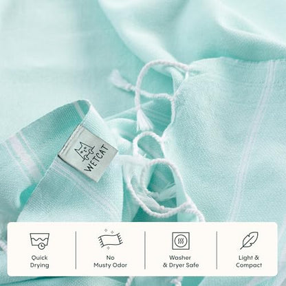 WETCAT Turkish Hand Towels with Hanging Loop, Set of 2 (20" x 30") 100% Turkish Cotton, Pre-Washed, Quick Drying, for Kitchen or Bathroom - Aqua - color: Aqua