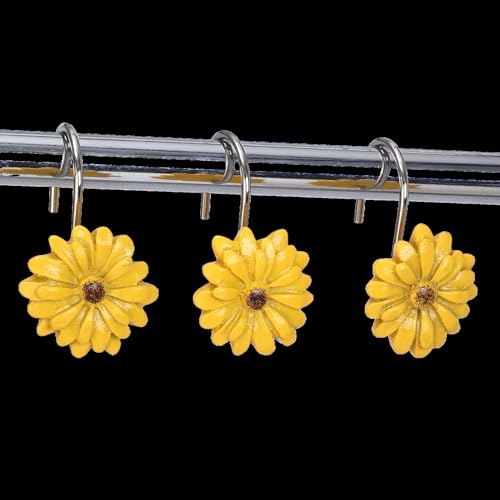 Twofish Home Sun Flower Shower Curtain Hooks Anti Rust Shower Curtain Hooks Decorative Resin Sun Flower Shower Curtain Rings Set of 12 - color: Sun Flower