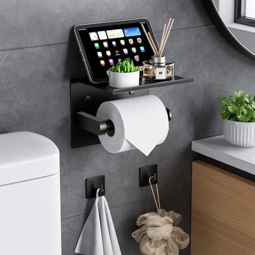 Tindbea Mega Size Toilet Paper Holder with Shelf + Towel Robe Hooks, Adhesive or Screw Wall Mounted Toilet Paper Roll Holder, Stainless Steel Bathroom Hardware Set (Matte Black)… - color: Matte Black, size: Large