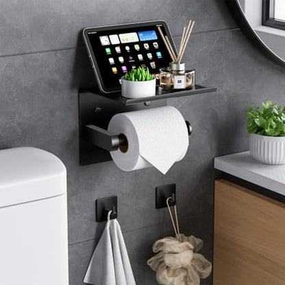Tindbea Mega Size Toilet Paper Holder with Shelf + Towel Robe Hooks, Adhesive or Screw Wall Mounted Toilet Paper Roll Holder, Stainless Steel Bathroom Hardware Set (Matte Black)… - color: Matte Black, size: Large
