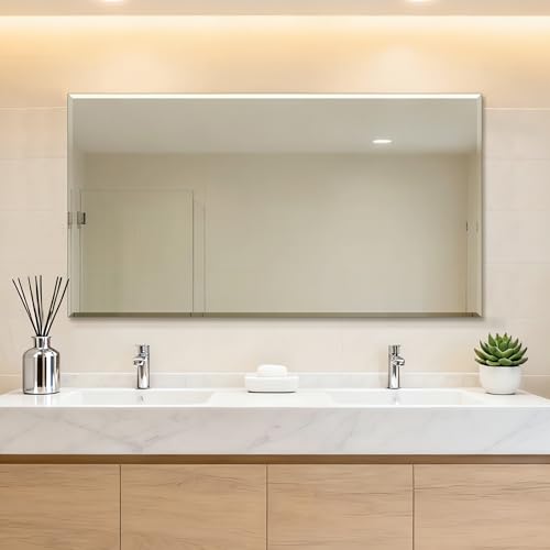 Ruomeng Frameless Mirror for Wall, 55x30 Inch Bathroom Vanity Mirror Farmhouse, Large Rectangle Mirror with Beveled Edge, Tempered Glass, Hangs Horizontally or Vertically - size: 55"L x 30"W