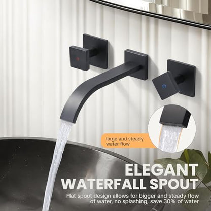 ALEASHA Wall-Mounted Bathroom Sink Faucet, Matte Black Bathroom Faucet | Waterfall Bathroom Faucet with Two Handles, Brass Bathroom Sink Faucet, Wall-Mounted Washroom Faucets and Rough-in Valve - color: Matte Black