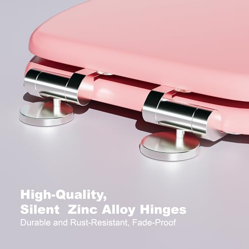 Elongated Slow Close Wood Toilet Seat, Pink Wooden Toilet Seat with Baked Enamel Finish Support 400 lbs, Oval Toilet Lid with Soft Close Chrome Hinges and Grip-Tight Bumpers, Easy to Clean and Install - color: Pink, size: Elongated Slow Close