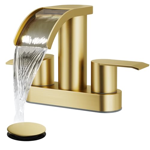 gotonovo 4’’ Centerset Bathroom Sink Faucet Waterfall Brushed Gold | SUS304 Bathroom Faucet,2.17’’ Wide Spout,24’’ cUPC Water Line,Pop up Drain,2 Handle,Basin,Vanity,RV,Lavatory 2 or 3 Hole Sink - color: Gold