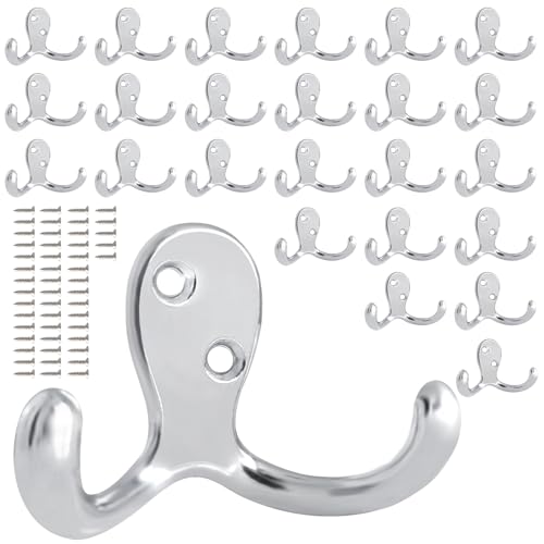 25 Pack Coat Hooks Wall Hooks for Hanging, Heavy Duty Double Prong Metal Hook Wall Mounted for Living Room, Bathroom, Kitchen, Bedroom for Coat, Bag, Scarf, Towel, Hat, Key, Cup (Silver) - color: Silver-25pack