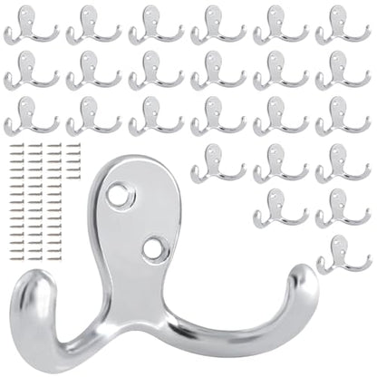 25 Pack Coat Hooks Wall Hooks for Hanging, Heavy Duty Double Prong Metal Hook Wall Mounted for Living Room, Bathroom, Kitchen, Bedroom for Coat, Bag, Scarf, Towel, Hat, Key, Cup (Silver) - color: Silver-25pack