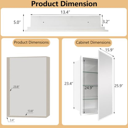 16x26 inch Medicine Cabinet with Mirror, Recessed Medicine Cabinet or Surface Wall Mount Plastic Bathroom Cabinets with Removable Shelves, Beveled Edge Mirror Cabinet - style: CS5004A-1626