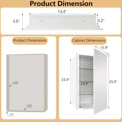 16x26 inch Medicine Cabinet with Mirror, Recessed Medicine Cabinet or Surface Wall Mount Plastic Bathroom Cabinets with Removable Shelves, Beveled Edge Mirror Cabinet - style: CS5004A-1626