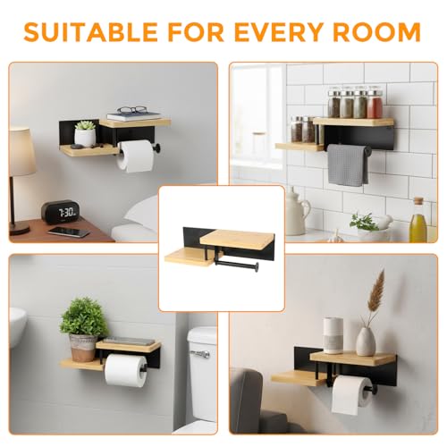 Toilet Paper Holder with Shelf, Wall Mount Toilet Paper Roll Holder with Wooden Shelf & Matte Black Stainless Steel Pipe, Bathroom Organizer for Roll Tissue, Phone, Wipes, Plant for Bathroom, Washroom