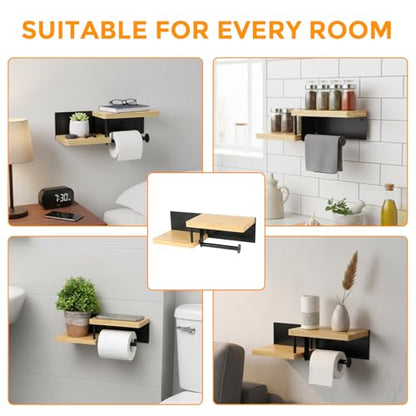 Toilet Paper Holder with Shelf, Wall Mount Toilet Paper Roll Holder with Wooden Shelf & Matte Black Stainless Steel Pipe, Bathroom Organizer for Roll Tissue, Phone, Wipes, Plant for Bathroom, Washroom