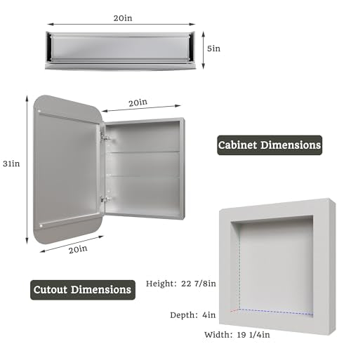 20 x 31 in Medicine Cabinet with Mirror and Side Panels, Silver | Surface or Recessed Medicine Cabinet Mirror with Storage, Adjustable Shelves, Aluminum Alloy Frame, Assembly Required - size: 20''x31''(V1)