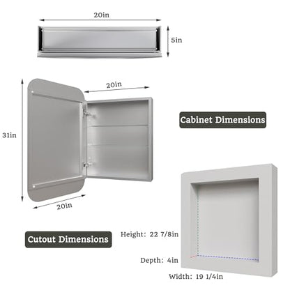 20 x 31 in Medicine Cabinet with Mirror and Side Panels, Silver | Surface or Recessed Medicine Cabinet Mirror with Storage, Adjustable Shelves, Aluminum Alloy Frame, Assembly Required - size: 20''x31''(V1)